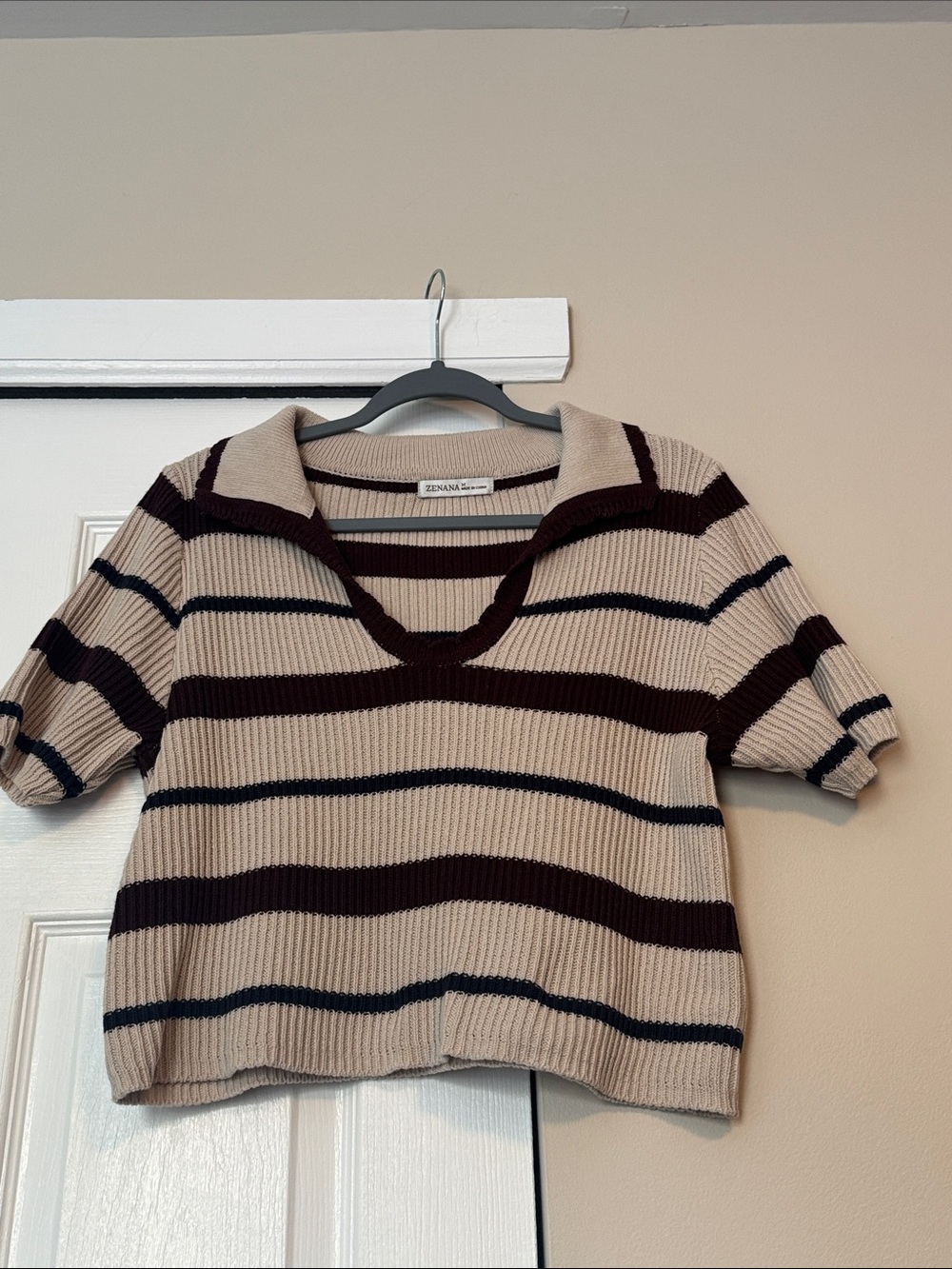 HEIMISH USA Beige Short-Sleeve Ribbed Polo Sweater with Brown and Black Stripes